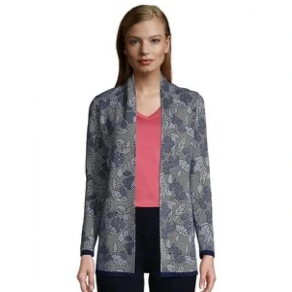 Lands' End Women's Jacquard Navy Blue & White Leaf Open Cardigan Size Small  6-8 - Picture 1 of 7